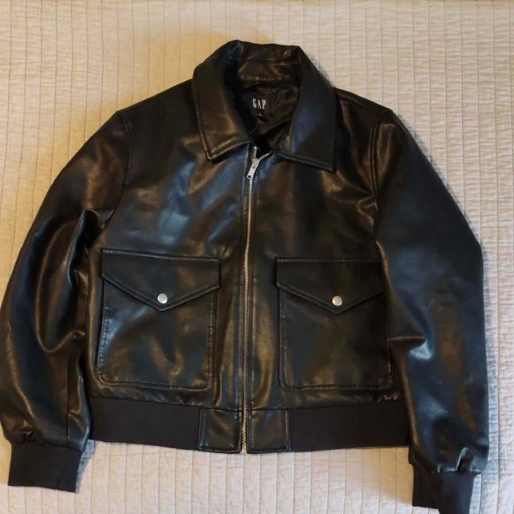 GAP Black Faux Leather Bomber Jacket
